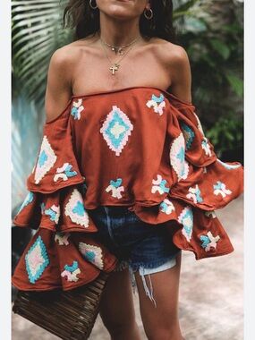 LIKE NEW Mochi Brand Hand Embroidered Rust Top